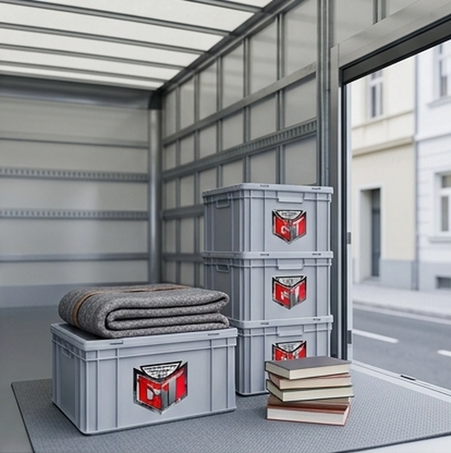 ET Transporte & Express - Drei graue Industriekisten aus Kunststoff mit roten „Vorsicht zerbrechlich“-Aufklebern stehen neben einer gefalteten grauen Decke in einer sauberen, lagerhallenartigen Umgebung.
