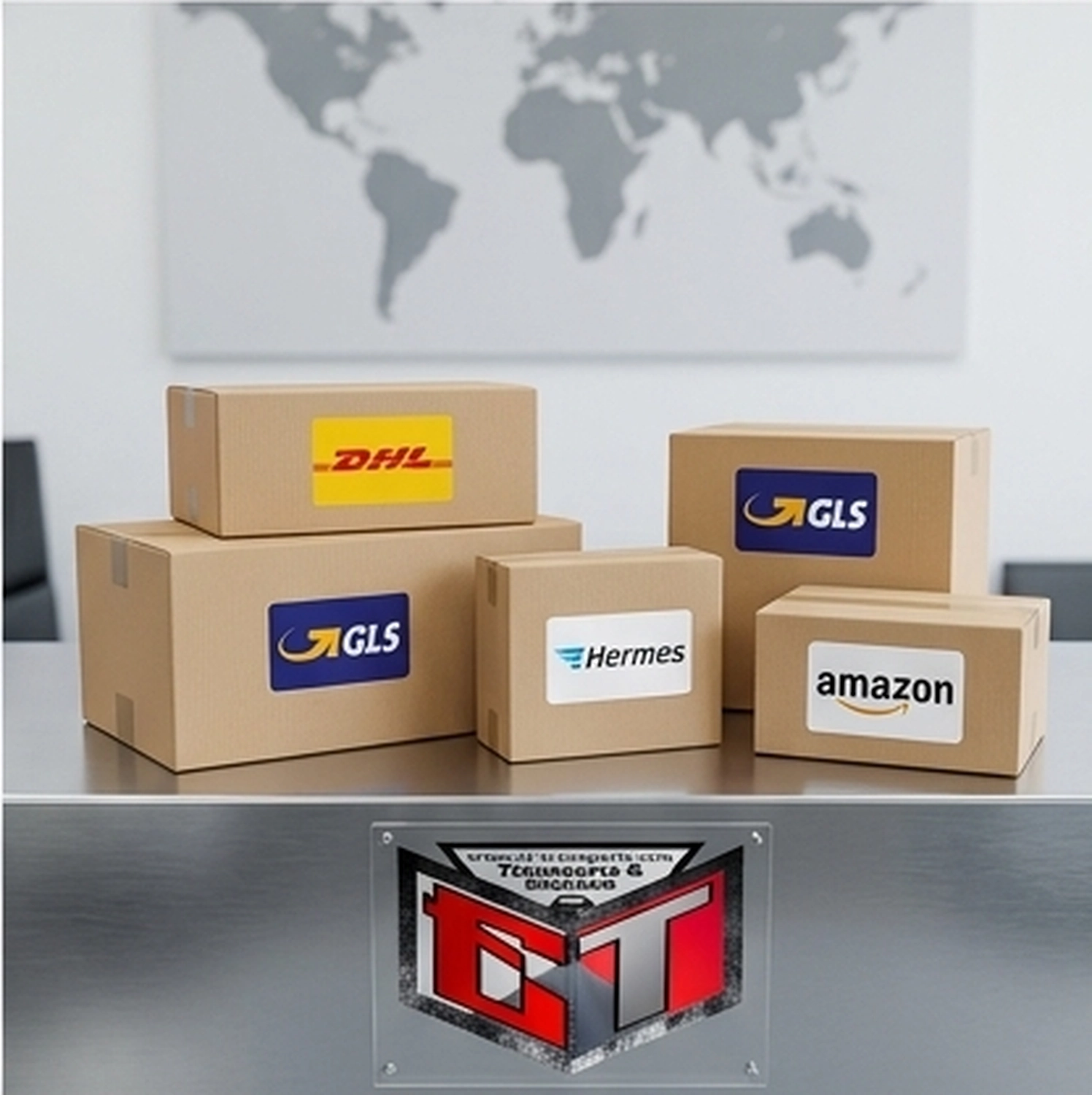 ET Transporte & Express - Verschiedene Versandkartons aus Pappe mit Logos von DHL, GLS, Hermes und Amazon sind auf einer metallischen Oberfläche gestapelt.