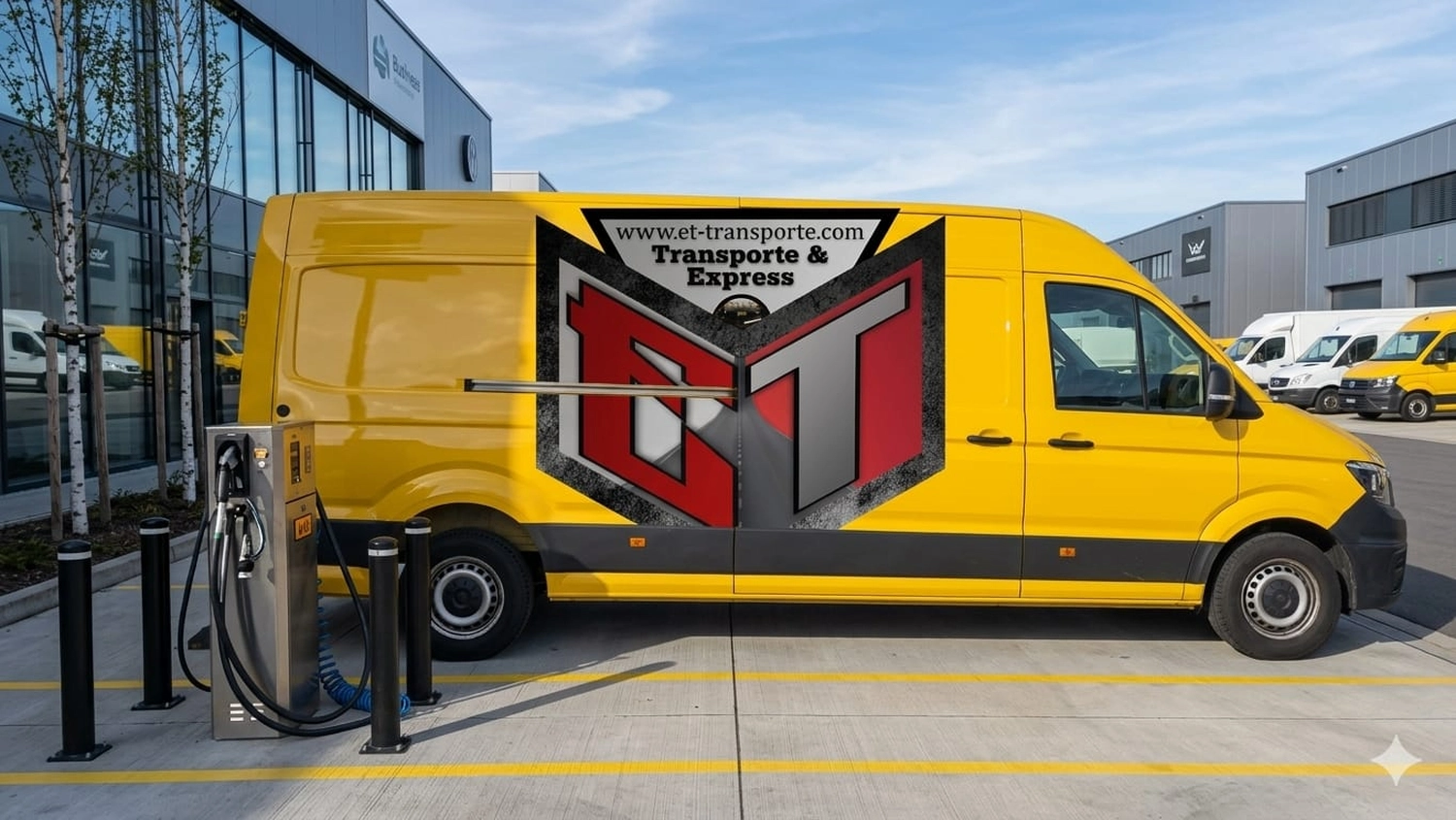 ET Transporte & Express - Ein gelber Lieferwagen mit einem großen „ET“-Logo und dem Schriftzug „Transporte & Express“ steht an einer Ladestation für Elektrofahrzeuge.